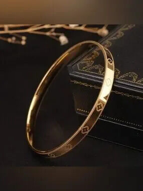 Gold Plated Stainless Steel Clover Etched Bangle Bracelet